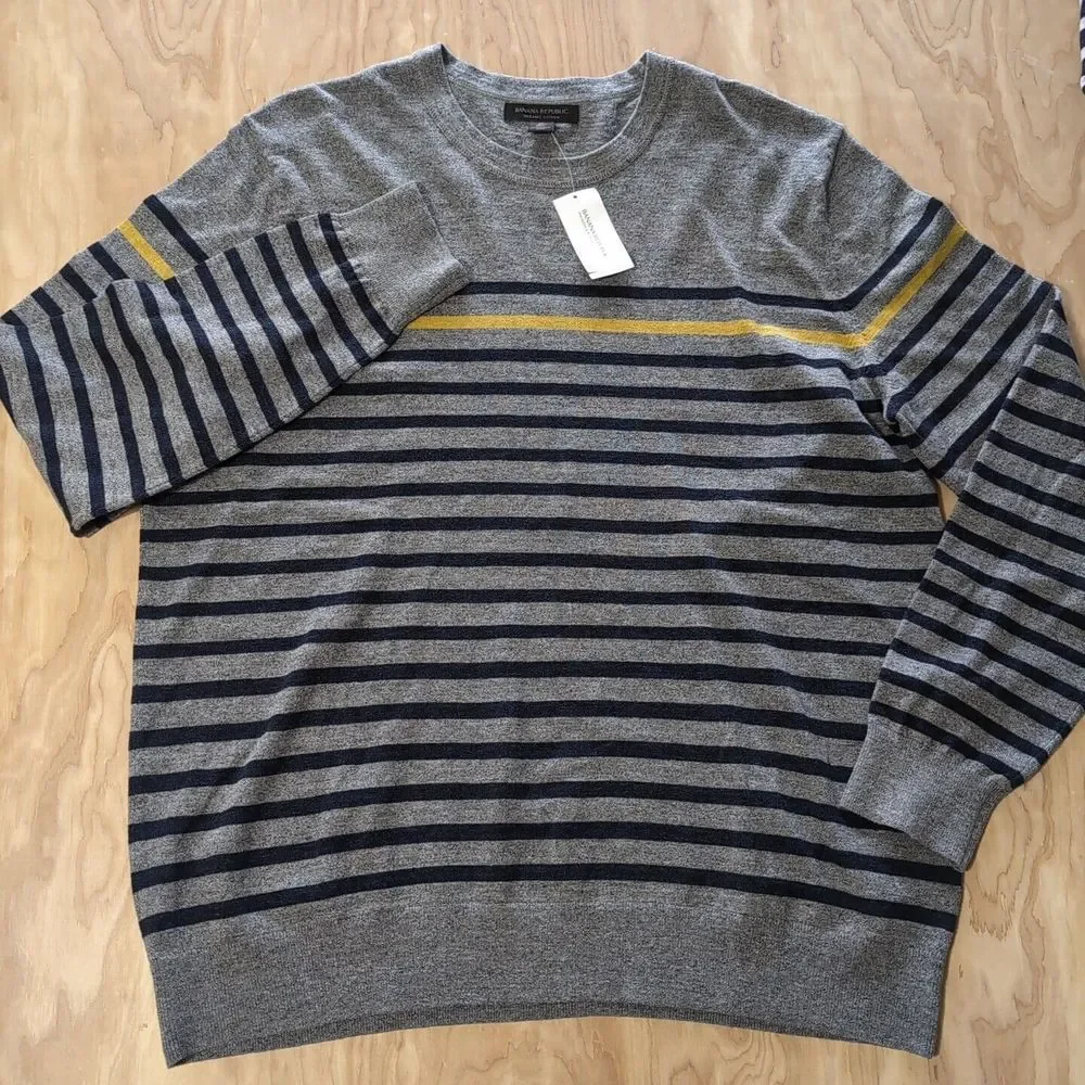 NEW 2‎ Pack Banana Republic Organic Cotton Stretch Crew Sweater XL Blue Stripes